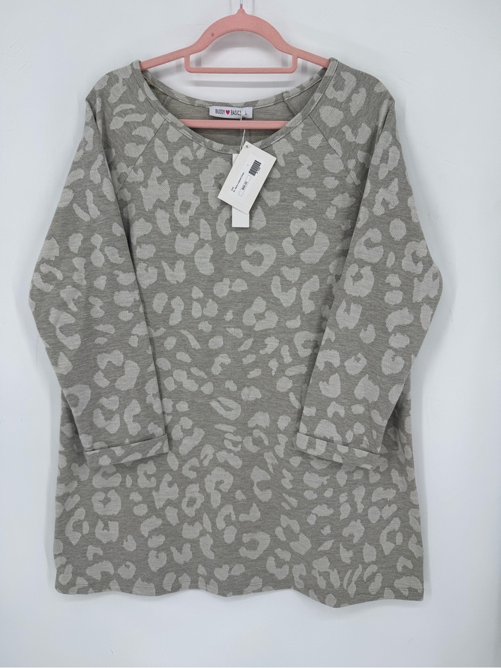 Buddy Basics Gray Leopard Print Mini Dress Long Sleeve Boutique Size Large NWT